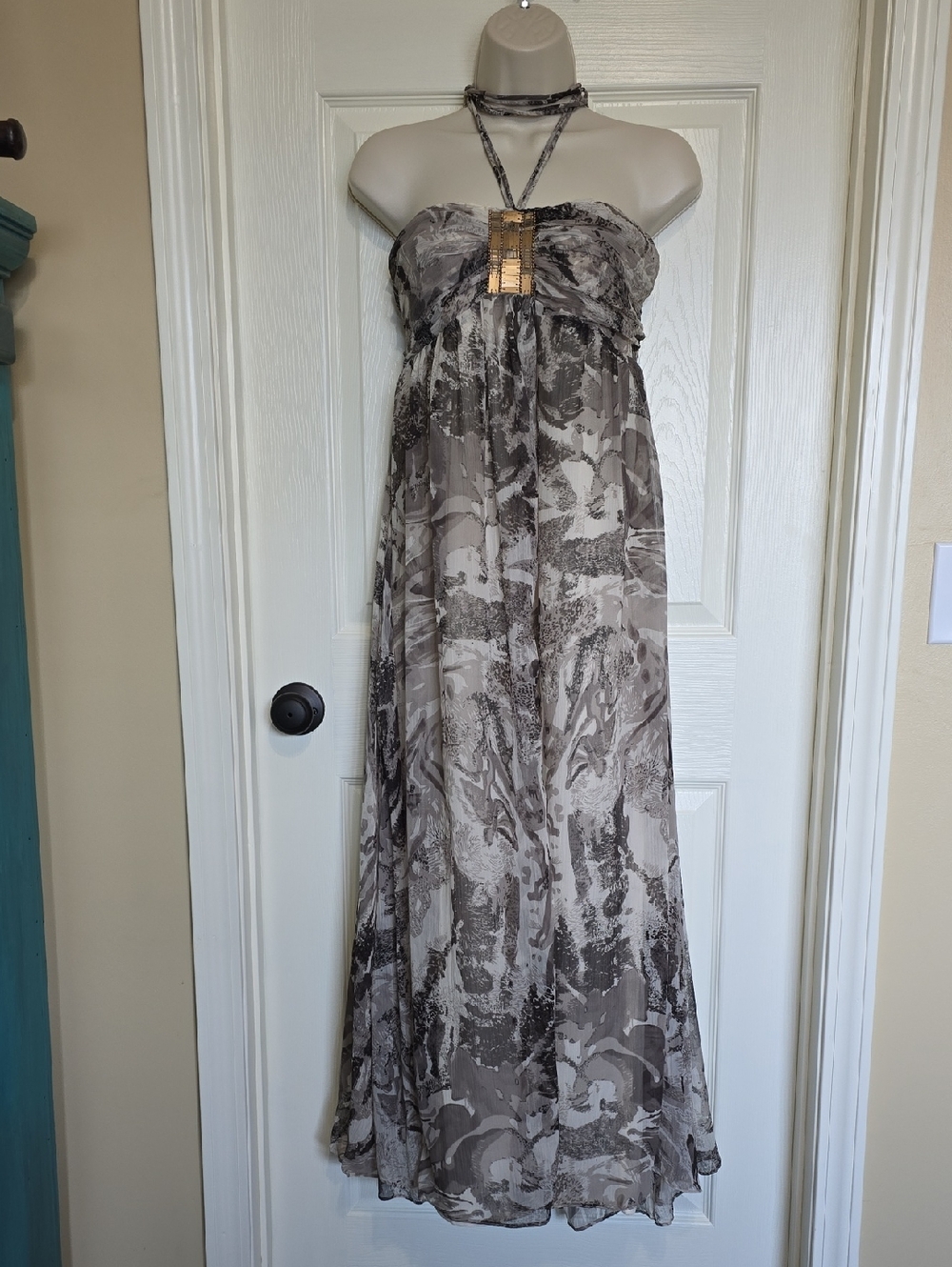 Strapless Halter Maxi Dress in Taupe Cream Print